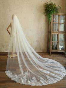 1pc 300cm Long Luxury Lace Edged Bridal Veil With Comb, Single Layer Ivory Wedding Accessory - White - View 7