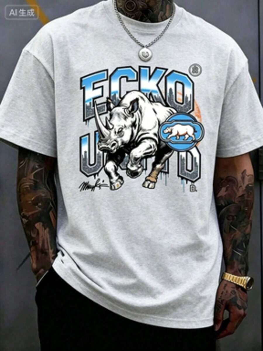 Men's 220g 100% Cotton ECKO UNLTD Iridescent Rhino Graphic T-Shirt,And Breathable Men's Sportswear, Suitable For Everyday Wear,Outings, Commuting. - 灰色 - 查看 1