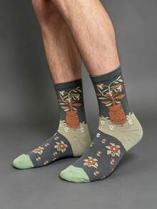 1 Pair Men's Deep Green Contrast Potted Plant Graphic Mid-Calf Socks, Retro Artistic Everyday Wear - Multicolor - View 4