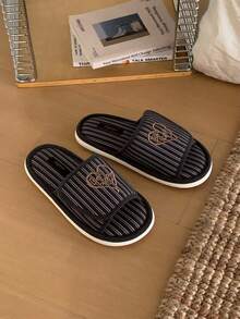 XIXITIAO Cute Heart & Letter Embroidered Slip-On Slippers, Women's Comfortable Indoor Soft Bottom House Shoes With Adjustable Hook And Loop, Lightweight And Cozy - Navy Blue - View 2