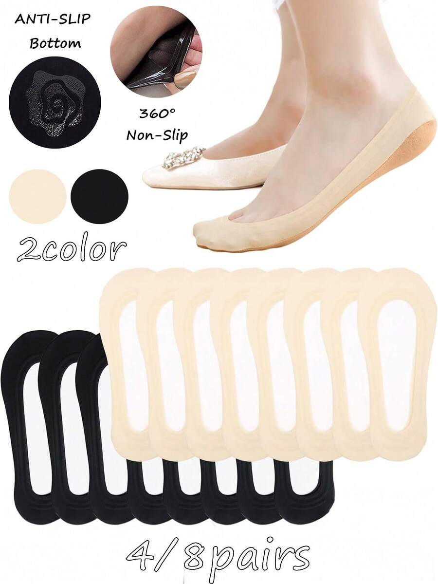 4/8 đôi tất nữ mùa hè thoáng mát, mát mẻ, cổ thấp, lót trong, đế silicon chống trượt 360° và họa tiết hoa, tất không lộ cho giày bệt. - Nhiều màu - Xem 1