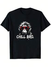 Chill Bro Cool Monkey Men's T-Shirt With Cool Glasses And CHILL BRO Graphic - Casual And Comfortable Fit, Short Sleeve, Round Neck, Gaming T-Shirt, Fun Gift Idea For Gamers And Chill Lifestyle Lovers, Black With Red Monkey Design,-X - Black - View 1