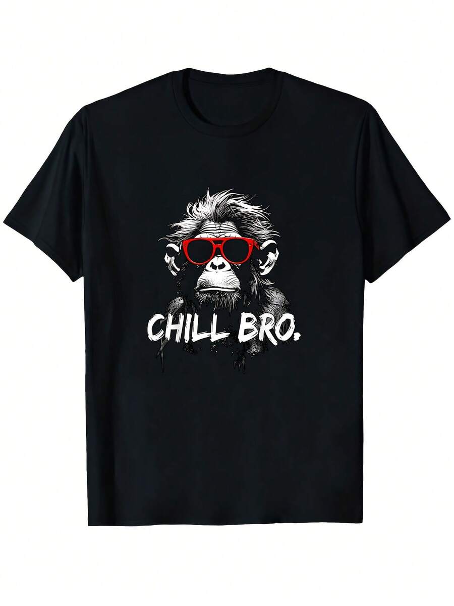 Chill Bro Cool Monkey Men's T-Shirt With Cool Glasses And CHILL BRO Graphic - Casual And Comfortable Fit, Short Sleeve, Round Neck, Gaming T-Shirt, Fun Gift Idea For Gamers And Chill Lifestyle Lovers, Black With Red Monkey Design,-X - Black - View 1