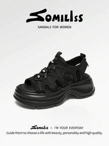 somiliss Sandalias deportivas casuales para mujer, nueva llegada de verano, plataforma de 6 cm, ligeras, suaves, de slip-on, cómodas, zapatos para caminar al aire libre, color negro - Negro - Ver 3