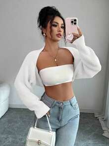 Bolero de punto para mujer, color blanco, manga larga holgada, ideal para combinar con tops y vestidos en primavera y verano - Camel - Ver 8