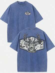 ( T-Shirt)Vintage Washed Cotton Hunting T-Shirt, Camo Deer Head Graphic, Loose Casual Crew Neck Short Sleeve Tee,2026 Casual Vintage Washed Print Tee - 藍色 - 查看 1