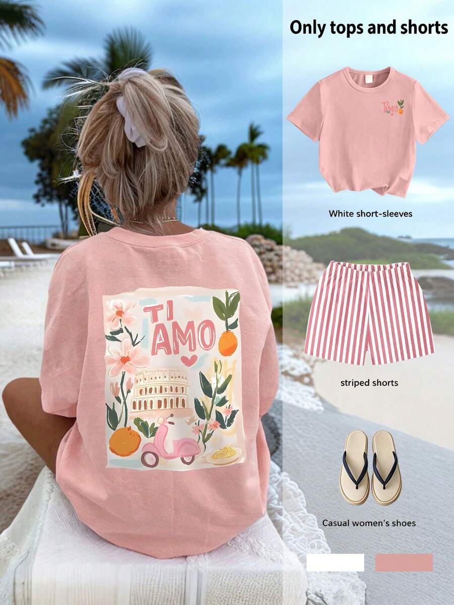 2pcs/Set Girls Sweet & Cute Oil Painting Art Print Round Neck Short Sleeve T-Shirt + Random Striped Shorts Set, Comfortable & Fashionable Summer Outfit - Multicolor - View 1