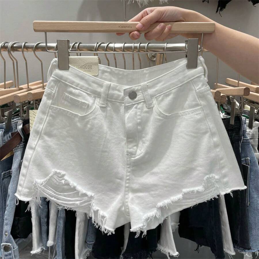 Summer New Frayed Ripped Denim Shorts, Ins Style Plus Size Loose A-Line Korean Hot Shorts - 白色 - 查看 1