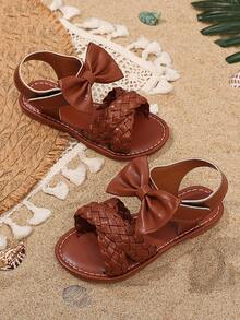 2026 Spring/Summer Brown Bow Tie Girls Beach Sandals, Non-Slip Rubber Soft Bottom Slip-On Soft PU Children Flat Sandals, Suitable For Daily Casual, Travel, Vacation, Home, Party Outdoor Wear - Brown - View 5