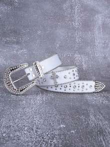 Crystal & Rhinestones Embellished Metal Western Cowboy Style Belt, Fashion Street Style, Christmas Gift Summer, School Fall, Autumn, Halloween - 白色 - 查看 5