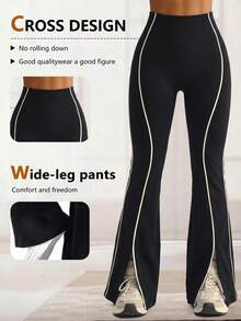 Women's High Waist Contrast Color Trim Flared Hem Pants, Tummy Control Stretchy Flare Yoga Pants, Breathable Casual Sports Trousers Black - Black - View 5
