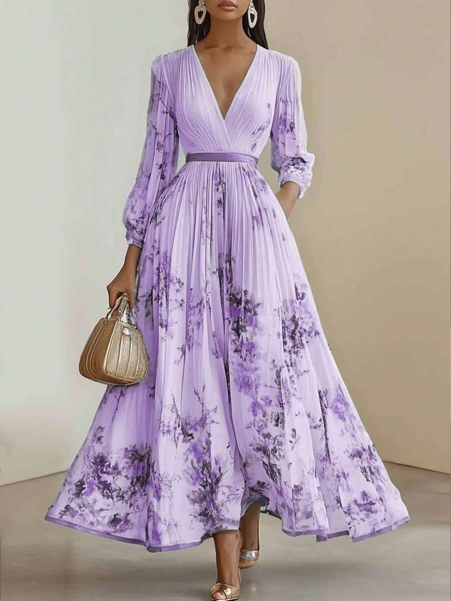 Long Printed Holiday Elegant Intellectual Style Dress - 淡紫色 - 查看 1
