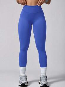 1 pieza Pantalones deportivos de cintura alta sin costuras, elásticos y de unicolor para mujer - Azul - Ver 5