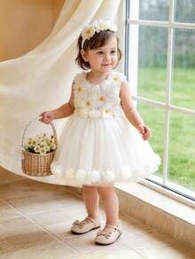 Baby Girl White Sunflower Floral Princess Dress Cake Skirt Dress With Headpiece, Suitable For Children's Birthday, Flower Girl, Wedding, Toddler Graduation, Important Occasions And Festivals - White - View 3