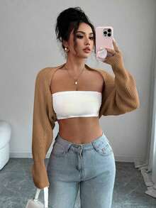 Bolero de punto para mujer, color blanco, manga larga holgada, ideal para combinar con tops y vestidos en primavera y verano - Camel - Ver 3
