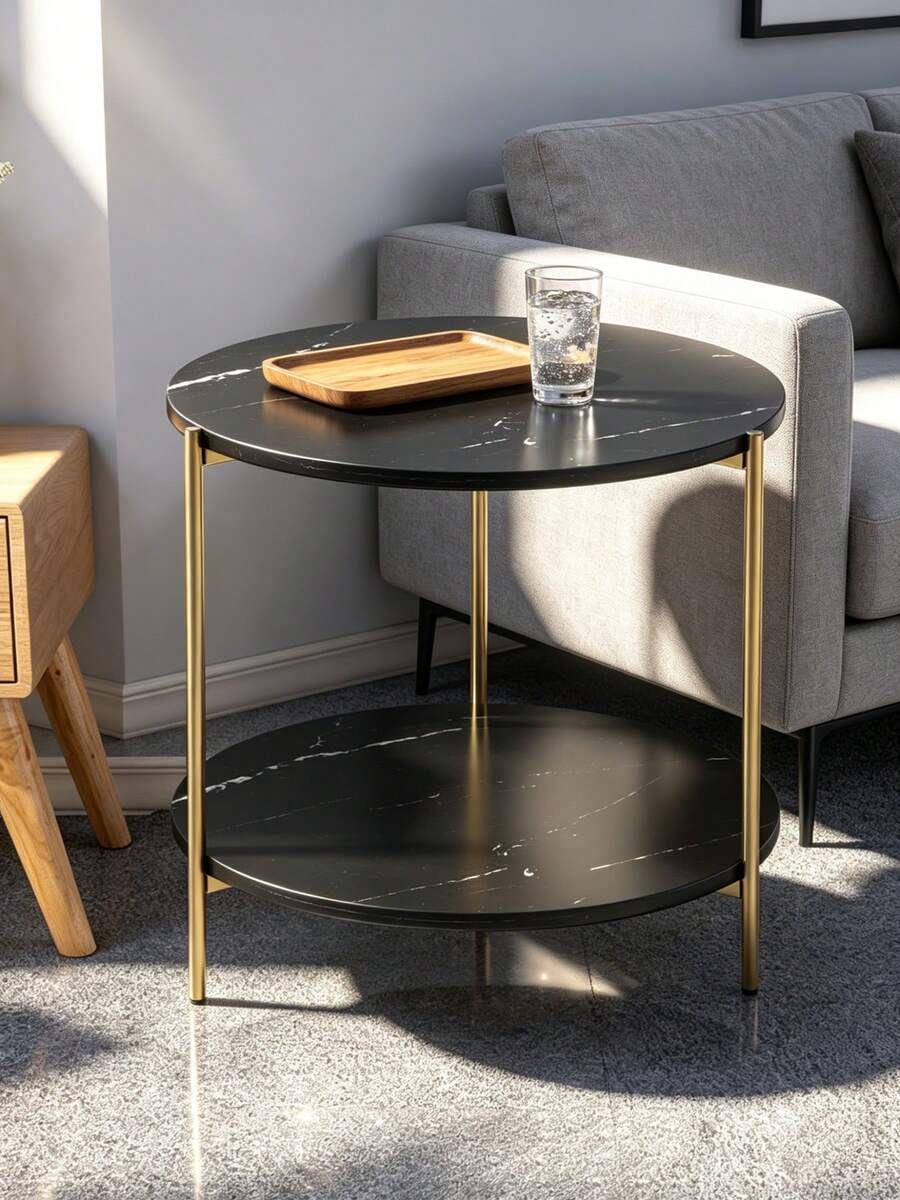 Round Side Table Made Of Composite Wood With A Marble-Effect Texture, Modern Minimalist Side Table For Sofa, 2-Tier Storage Unit - 黑色 - 查看 1