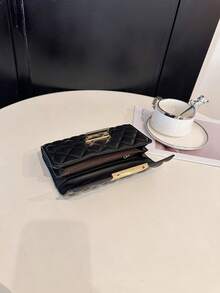 Women's Rhombus Embroidery Soft Clutch Wallet, Multi-Card Slots, Multifunctional Long Tri-Fold Purse - Black - View 9