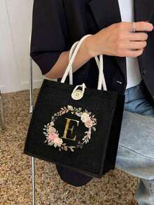 1pc Minimalist Letter Print Canvas Tote Bag, Multipurpose Portable Teacher's Handbag, Women's Gift, Graduation Gift, Letter Pattern Gift Bag, Large Capacity Women's Handbag With Printed Pattern, Reusable Shopping Bag Suitable For Daily Use, Vacation, Commuting To Work, Travel - Multicolor - View 3
