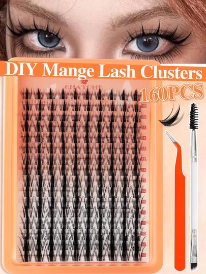 160pcs Cartoon Style Eyelash Clusters, Anime Style, Natural Makeup Effect, Fairy-Like Lashes, Suitable For Beginners, Individual Lashes, D-Curl Lash Clusters, Large Capacity Set, Eyelash Extension Tutorial For Beginners, Thick & Fluffy DIY Segmented Lash Extension Kit, Includes Tweezers And Dual-Ended Lash Brush