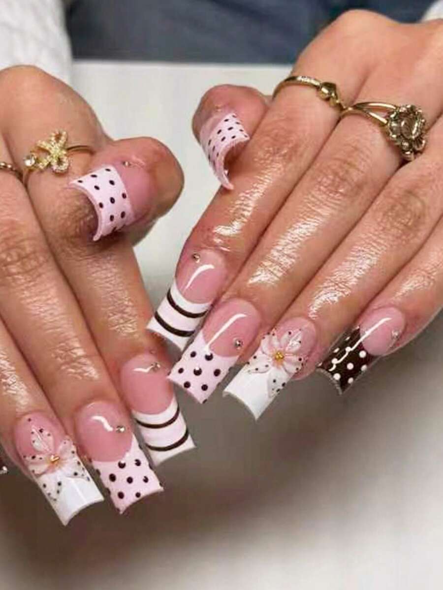24片长方形亚克力美甲贴纸,粉白波点条纹法式美甲贴,甜美少女长方形美甲贴纸,包含1片果冻胶和1个指甲锉,美甲沙龙可爱法式假指甲 - 彩色 - 查看 1