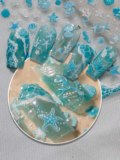 1 Sheet Holographic 3D Embossed Nail Stickers With Ocean Elements - Seashells, Starfish, Seahorses, Coral, Waves, Suitable For Summer Outfits, Beach Vacations, Fresh Manicures, Commuting, Suitable For Sweet Girls, Students, Moms, Nail Art DIY Beginners, Fresh Style Enthusiasts