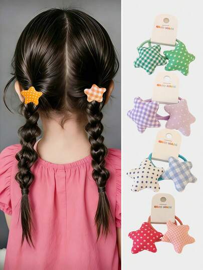 2 chiếc dây buộc tóc bằng vải hình ngôi sao dễ thương, chấm bi và kẻ caro mềm mại, phụ kiện tóc phong cách preppy ngọt ngào dành cho bé gái