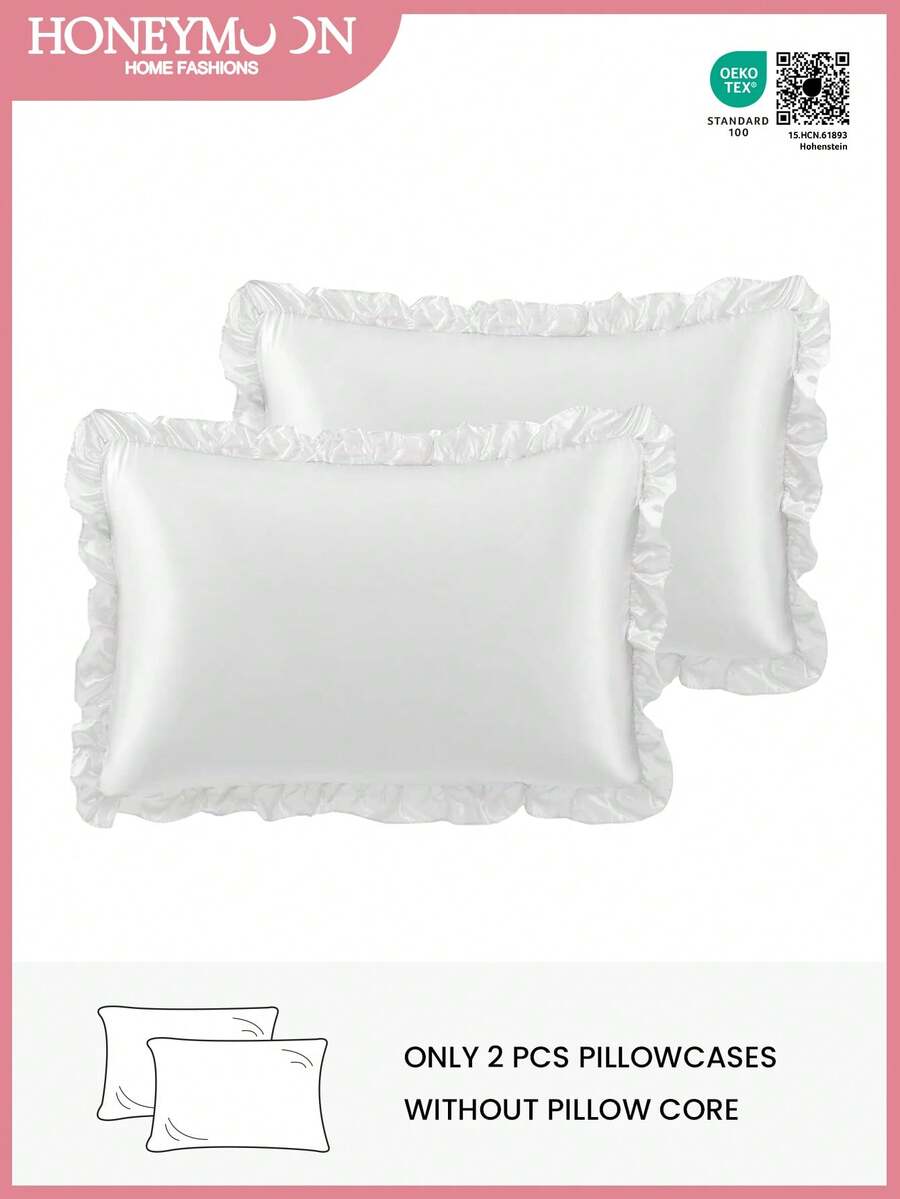 2pcs Luxury Satin Pillowcase Set With Lace Trim, Soft & Breathable, Anti-Wrinkle, Gentle On Hair & Skin, Improves Sleep Quality, Pillow Insert Not Included. Suitable For Home Bedding, Dorm, Oeko-Tex Certified. - White - View 1