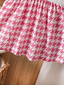 2pcs/Set Summer Baby Girls Cute Houndstooth Print V-Neck Sleeveless Dress & Accessory Hat - Pink - View 5
