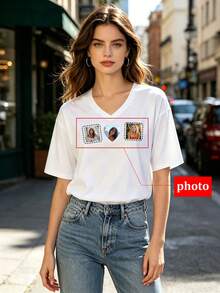 Customized - Women's V-Neck Oversized T-Shirt For Summer, Personalize With Photo, Pattern, Text, Name, Logo White - White - View 2