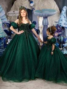 Elegant Sweetie Lace Puff Long Sleeves Wedding Flower Girl Dress Princess Pageant Ball Gown Dress,Tween Girls Tulle Princess Dress ,Fluffy Tulle Party Dress–Birthday,Wedding Or Photoshoot Outfit,Dance Performance Dress,Flower Girl's Evening Dress, Piano Performance Dress,Perfect For Shows,Birthday Parties,Vacations - 白色 - 查看 5