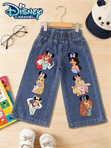 Disney Girl Princesses With Mickey Ears Printed Pattern Straight-Leg Jeans Specially Designed For Girls Recommended For Creating A Cute Stylish And Casual Look Made From Classic Washed Blue Denim Fabric With A Comfortable Touch They Feature A High-Waisted Elastic Waistband Paired With An Imitation Metal Button Design For Easy Wearing And Taking Off The Straight-Leg Style Is Perfect For Flattering The Leg Lines Suitable For Various Occasions Such As Daily Wear Campus Leisure Weekend Outings Back-To-School Season Holidays And More - 深藍色 - 查看 1