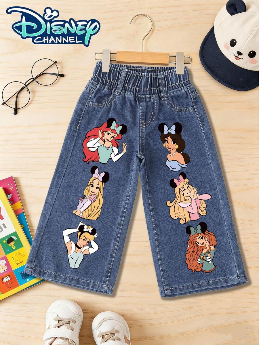 Disney Girl Princesses With Mickey Ears Printed Pattern Straight-Leg Jeans Specially Designed For Girls Recommended For Creating A Cute Stylish And Casual Look Made From Classic Washed Blue Denim Fabric With A Comfortable Touch They Feature A High-Waisted Elastic Waistband Paired With An Imitation Metal Button Design For Easy Wearing And Taking Off The Straight-Leg Style Is Perfect For Flattering The Leg Lines Suitable For Various Occasions Such As Daily Wear Campus Leisure Weekend Outings Back-To-School Season Holidays And More - 深藍色 - 查看 1