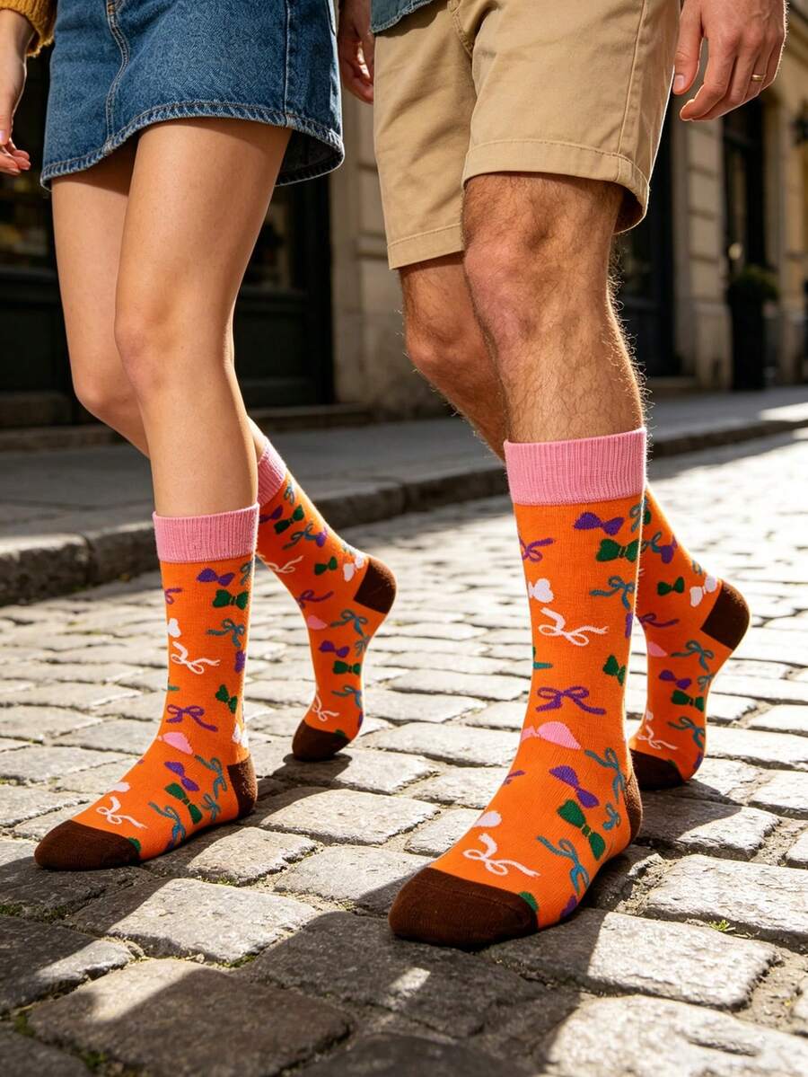 2 đôi tất dài đến bắp chân màu cam và hồng phối nơ tương phản, dễ thương và ngọt ngào, thích hợp để mặc hàng ngày, mọi mùa. - Nhiều màu - Xem 1