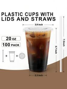 Bộ 90/60/30 cốc nhựa trong suốt dùng một lần dung tích 600ml, có nắp và ống hút, thích hợp cho cà phê đá, sinh tố và đồ uống đá xay. - nhiều màu - Xem 4