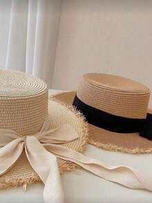 1 pièce Chapeau de paille, chapeau de plage avec nœud papillon, chapeau de soleil à large bord, chapeau de pêcheur en paille à bord épais, chapeau de voyage d'été, chapeau de plage anti-UV, chapeau de vacances pliable, casquette décontractée pour l'extérieur, accessoire de voyage pour les vacances, convient pour les vacances à la plage d'été, les fêtes de remise des diplômes, le camping à la plage et autres occasions extérieures quotidiennes - Multicolore - Voir 8