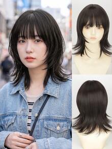 16-Inch High Quality Synthetic Fiber Wolf Tail Short Wig With Bangs, Naturally Fluffy Texture, Suitable For Daily Wear, Halloween, Music Festivals, Anime Cosplay Or Outfit Matching (Accessories Not Included) - Multicolor - View 2