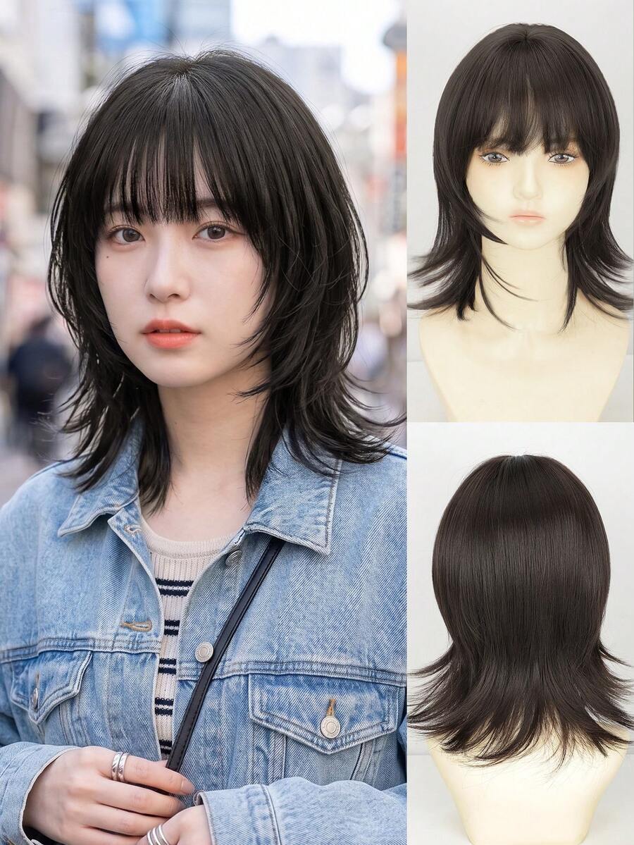 16-Inch High Quality Synthetic Fiber Wolf Tail Short Wig With Bangs, Naturally Fluffy Texture, Suitable For Daily Wear, Halloween, Music Festivals, Anime Cosplay Or Outfit Matching (Accessories Not Included)