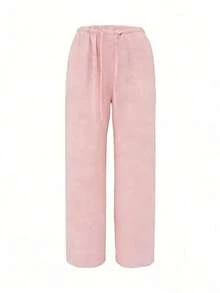 Pantalones anchos de lino para mujer, cintura elástica con cordón, sueltos y relajados, informales, ligeros y transpirables, para verano - Rosa - Ver 3