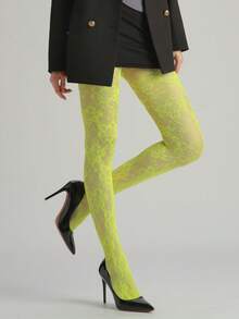 1pc Women's Sexy Tight Floral Jacquard Hollow Fishnet Stockings, Thin Goth Style Pantyhose, Versatile For Spring/Summer, Suitable For Halloween, Commute, Date, Party - Yellow - View 3