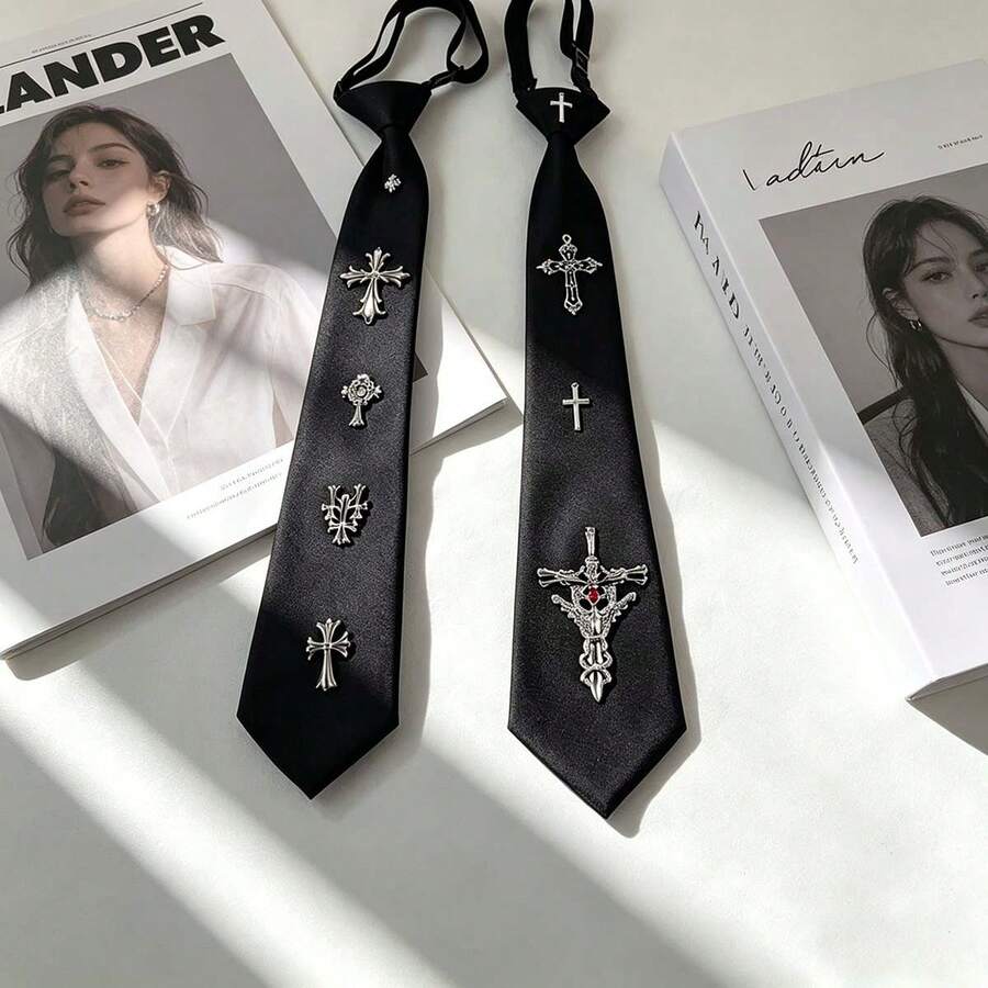 Gothic Cross Decor Pre-Tied Neck Tie Punk Y2K Grunge Black Uniform Necktie Aesthetic Clothing Accessory - Black - View 1