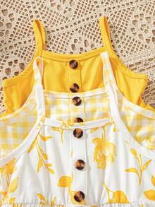3pcs/Set Gaun Cami Motif Bunga untuk Bayi Perempuan + Gaun Cami Kancing Polos + Gaun Cami Patchwork Kancing Motif Kotak-kotak - Kuning - View 3