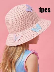1pc Rainbow Butterfly Pink Straw Sun Hat For Little Girls, Summer Breathable Beach/Outdoor Vacation Hat, Fits Kids Ages 3-8 - 1PC - View 3