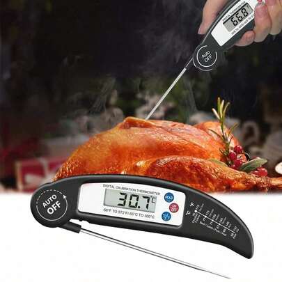 数字折叠式不锈钢探针食品温度计 - 水温计、肉类温度计，适用于厨房、烧烤、烘焙及其他厨房用品和配件（不含1节AAA电池）