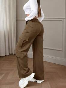 Pantalones cargo elegantes y lindos de estilo Y2K con múltiples bolsillos y botones, de color marrón, de peso ligero, adecuados para volver a la escuela, graduación, club, fiesta de cumpleañ - Gris - Ver 3