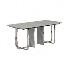 Mesa de comedor, 180 x 80 x 75 cm, mesa de comedor moderna, mesa de comedor robusta, patas de metal, mesa de comedor grande, mesa de comedor rectangular, mesa de comedor para 6 personas, mesa de comedor moderna y sencilla, gris + plata - Gris - Ver 7