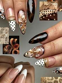30pcs Spice Girl Nail Sticker Oval,Sweet And Cool,3D Hand Painted Flower Nail ,Leopard Print,Cat's Eye,Pearl,1pc Jelly Gel And 1pc Nail File,For Women/Girls In Daily Life,Parties,Beauty,Nail Art,Birthday,Gift,Holidays,Graduation, Travel - Multicolor - View 2