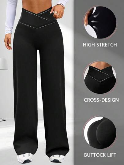 Women's High Waist Elastic Wide Leg Pants, Solid Color Casual Elastic Waist Wide Leg Sweatpants, Business Work Straight Leg Pants, Soft Tummy Control Lifting Leggings, Suitable For Daily And Sports Wear In All Seasons, Opaque Material