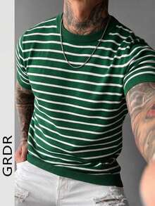 GRDR 1件男士夏季至初秋圆领条纹针织短袖衬衫，休闲户外服饰 - 綠色 - 查看 5