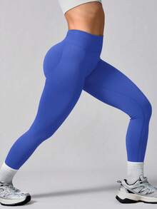 1 pieza Pantalones deportivos de cintura alta sin costuras, elásticos y de unicolor para mujer - Azul - Ver 6