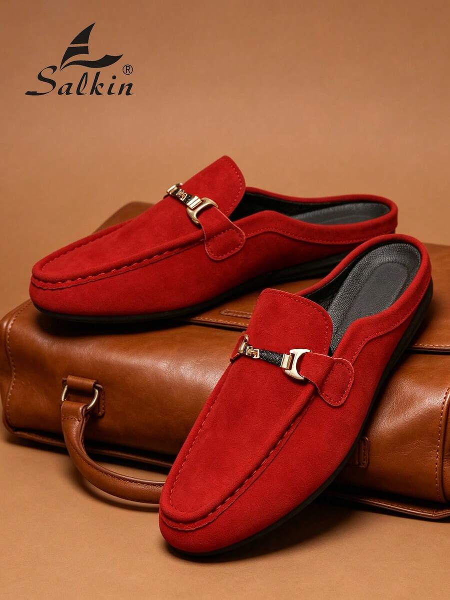 Salkin 新款时尚设计师男士穆勒拖鞋，透气柔软的套脚乐福鞋，优雅绅士拖鞋，带足弓支撑的男士家居鞋，柔软皮革，防滑橡胶鞋底，适合室内/室外办公休闲穿着，舒适凉鞋，父亲节/丈夫节/男友节的理想礼物，建议选大一码。 - 紅色 - 查看 1